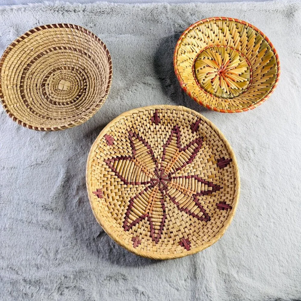 Vintage Woven Coil Baskets Indigenous Tribal Baskets Natural Fibers Grass Decor